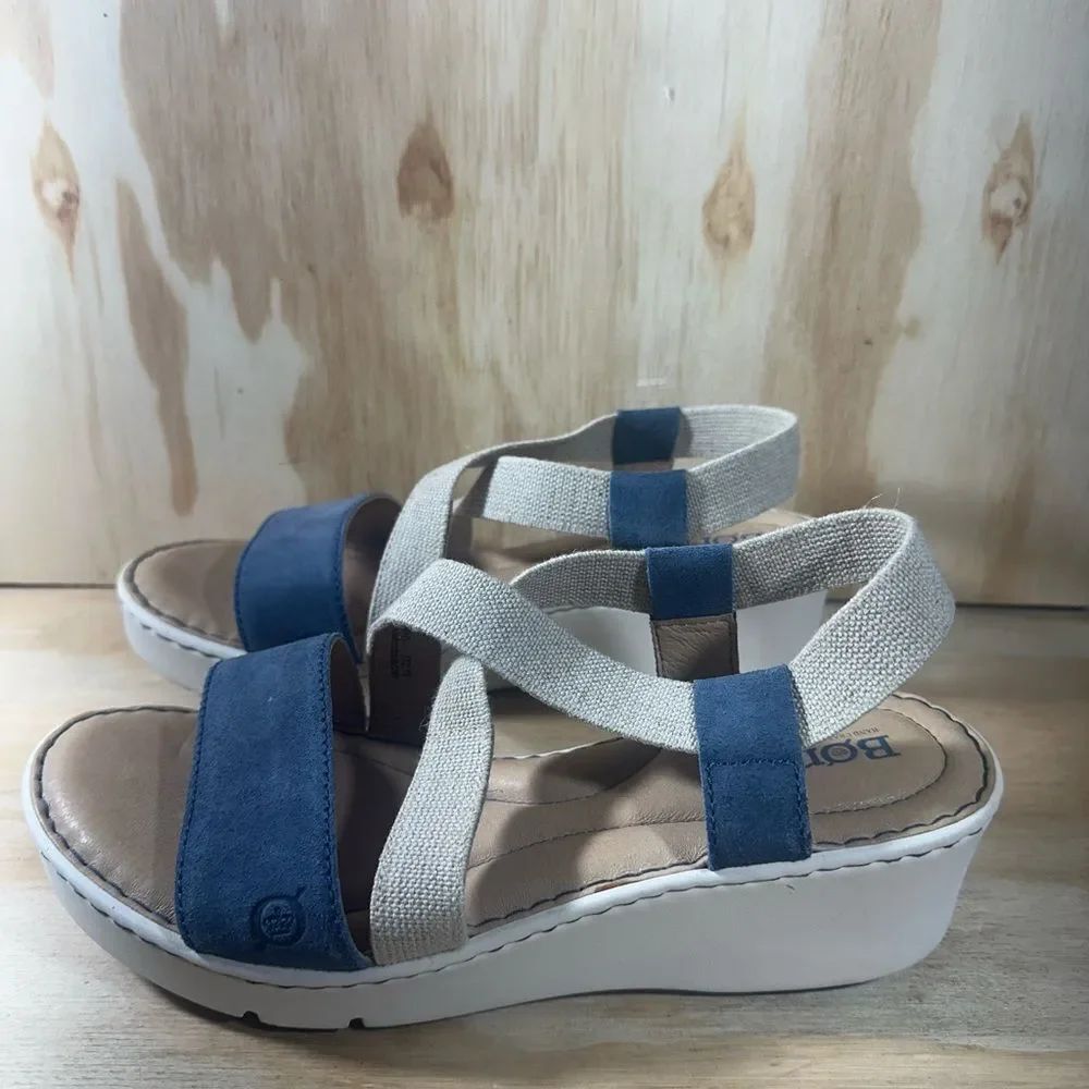 Born Kasady Blue Suede and Cream Elastic Strap Wedge Sandals Women’s Size 10